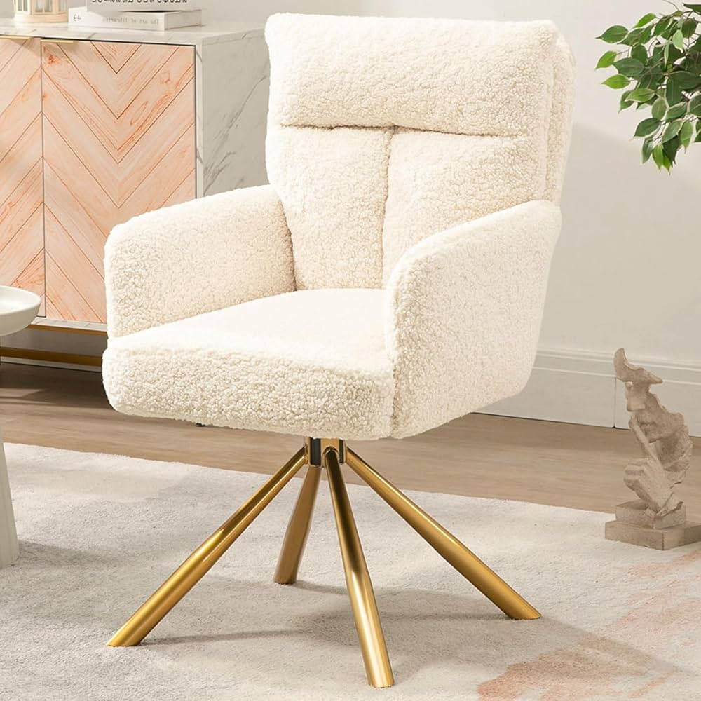 Ugijei Teddy Office Desk Chair No Wheels, Modern Swivel Vanity Chair with Gold Legs, Wide Seat Co... | Amazon (US)