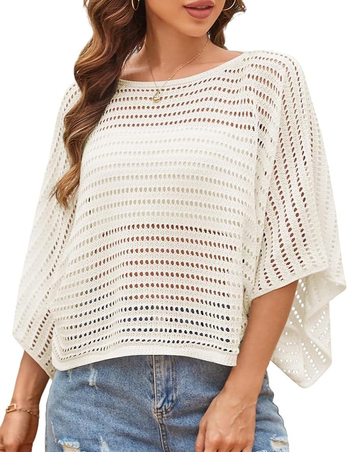 ZAFUL Women's Crochet Tops Hollow Out Knit Batwing Sleeve Sexy See Through Pullover Top Summer Me... | Amazon (US)