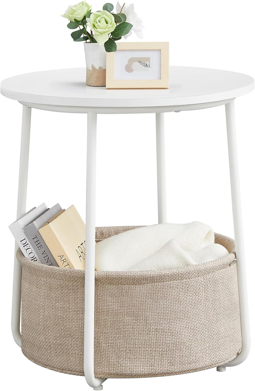 VASAGLE Small Round Side End Table, Modern Nightstand with Fabric Basket, Matte White and Camel B... | Amazon (US)