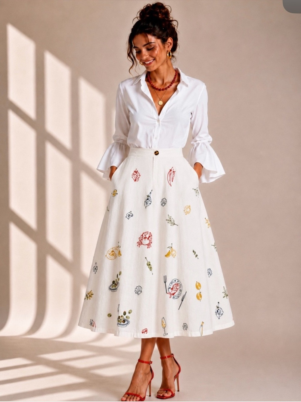 CAROLINE CONSTAS Off White/red Embroidered Linen Blend Midi Skirt | Poshmark