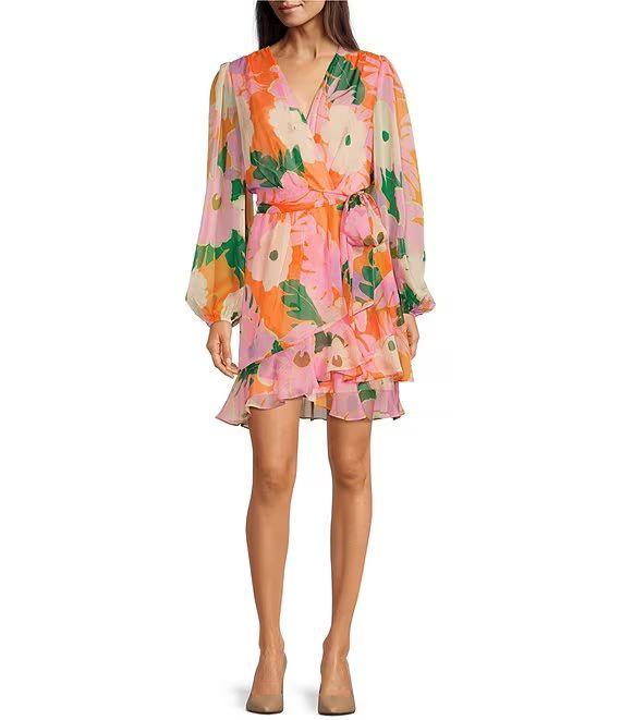 Laurel Floral Print Chiffon Long Sleeve A-Line Dress | Dillard's