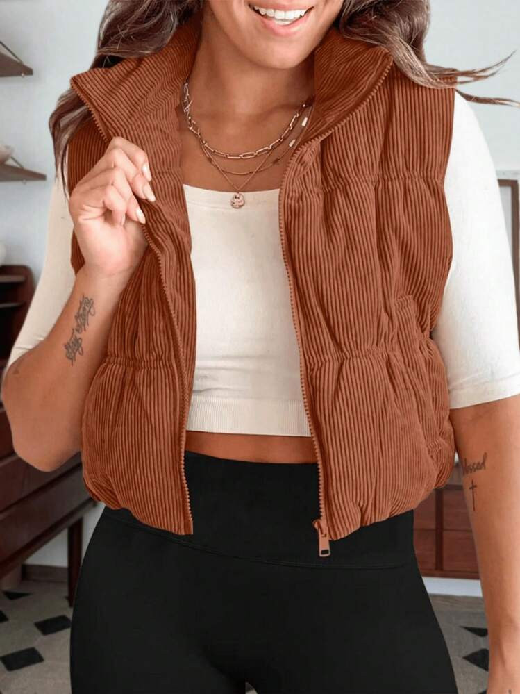 Women's Lightweight Cropped Corduroy Vest Padded Sleeveless Zip Up Cozy Fall/Winter Fashion Outer... | SHEIN