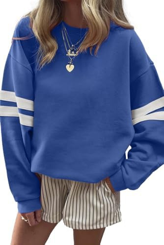 KevaMolly Women Varsity Striped Drop Shoulder Sweatshirt | Oversized Long Sleeve Pullover, Crew N... | Amazon (US)