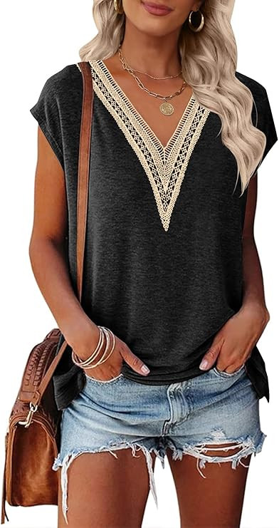 MEROKEETY Women's Casual Cap Sleeve Lace Trim V Neck Tops 2025 Summer Loose Tee Shirts Blouse | Amazon (US)