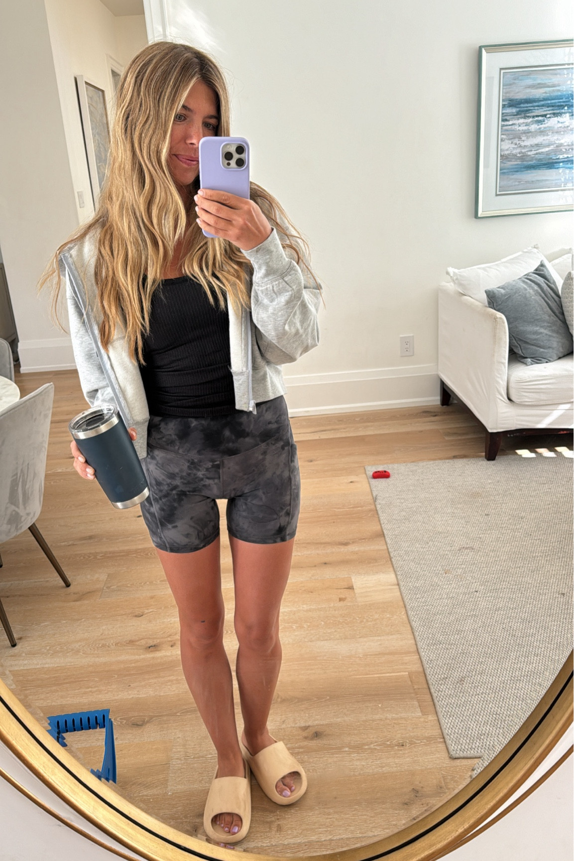 My favourite summer workout + school drop off outfit! Love the terry fleece Aritzia sweatshirt for summer mornings. Size up in the align tank top 🙌🏼🙌🏼 (size 8 in tank top, size 6 in shorts, size small in zip up), and dupe Yeezy slides are perfect to throw on to the pool etc!!