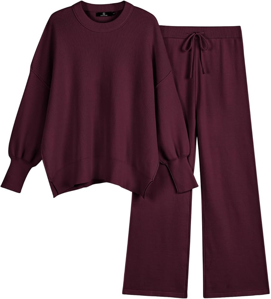 LILLUSORY Women 2 Piece Outfits Sweatsuit Oversized Knit Pullover Sweater Tops Wide Leg Pants Lou... | Amazon (US)