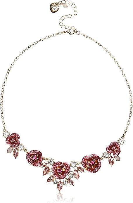 Betsey Johnson Glitter Rose Frontal Necklace, Pink | Amazon (US)
