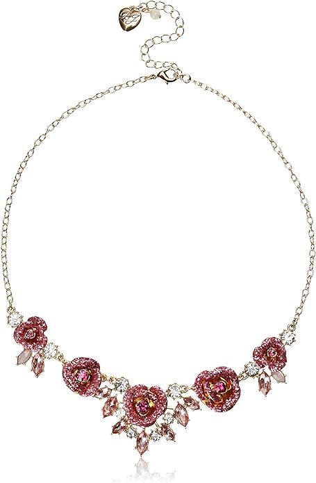 Betsey Johnson Glitter Rose Frontal Necklace, Pink | Amazon (US)