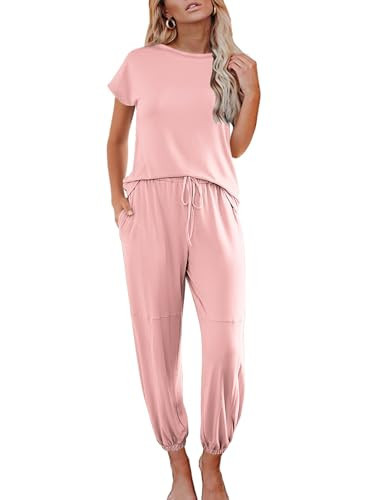 Ekouaer Pajamas for Women 2 Piece Lounge Sets Cap Sleeve Loungewear Top with Joggers Pants S-XXL Light Pink | Amazon (US)