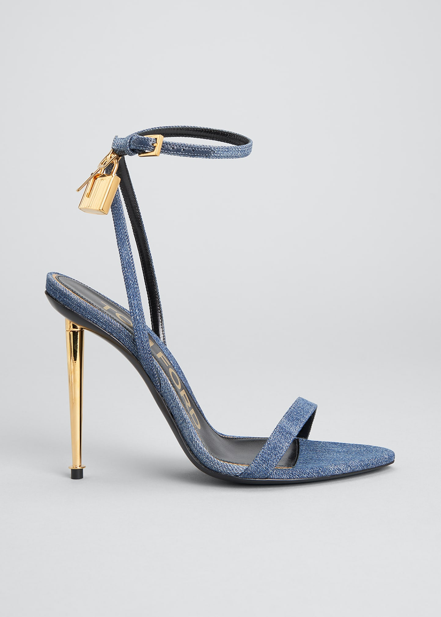 105mm Denim Lock & Key Stiletto Sandals | Bergdorf Goodman