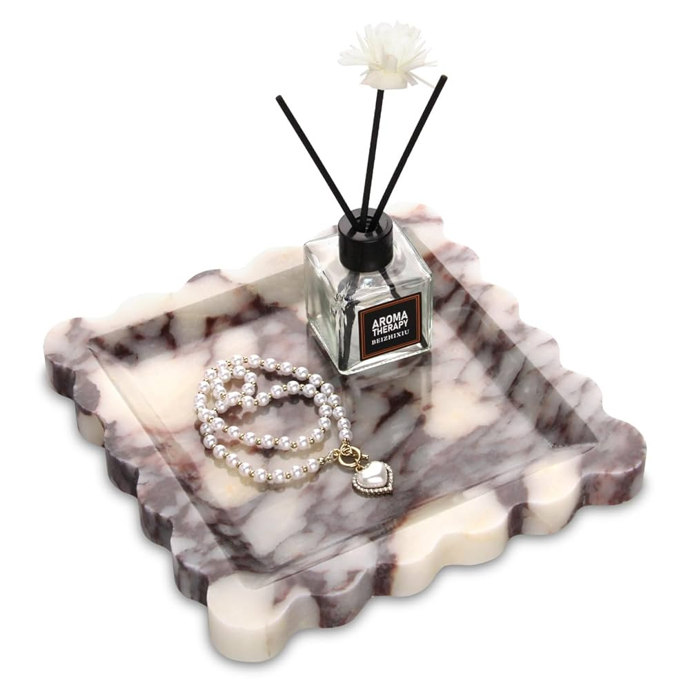 Square Marble Decorative Tray with Scalloped Edge,Luxury Natural Calcutta Stone Bathroom Vanity T... | Amazon (US)