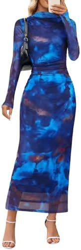 MEROKEETY Women's Long Sleeve Fall Wedding Guest Dress 2025 Bodycon Floral Mesh Ruched Cocktail M... | Amazon (US)