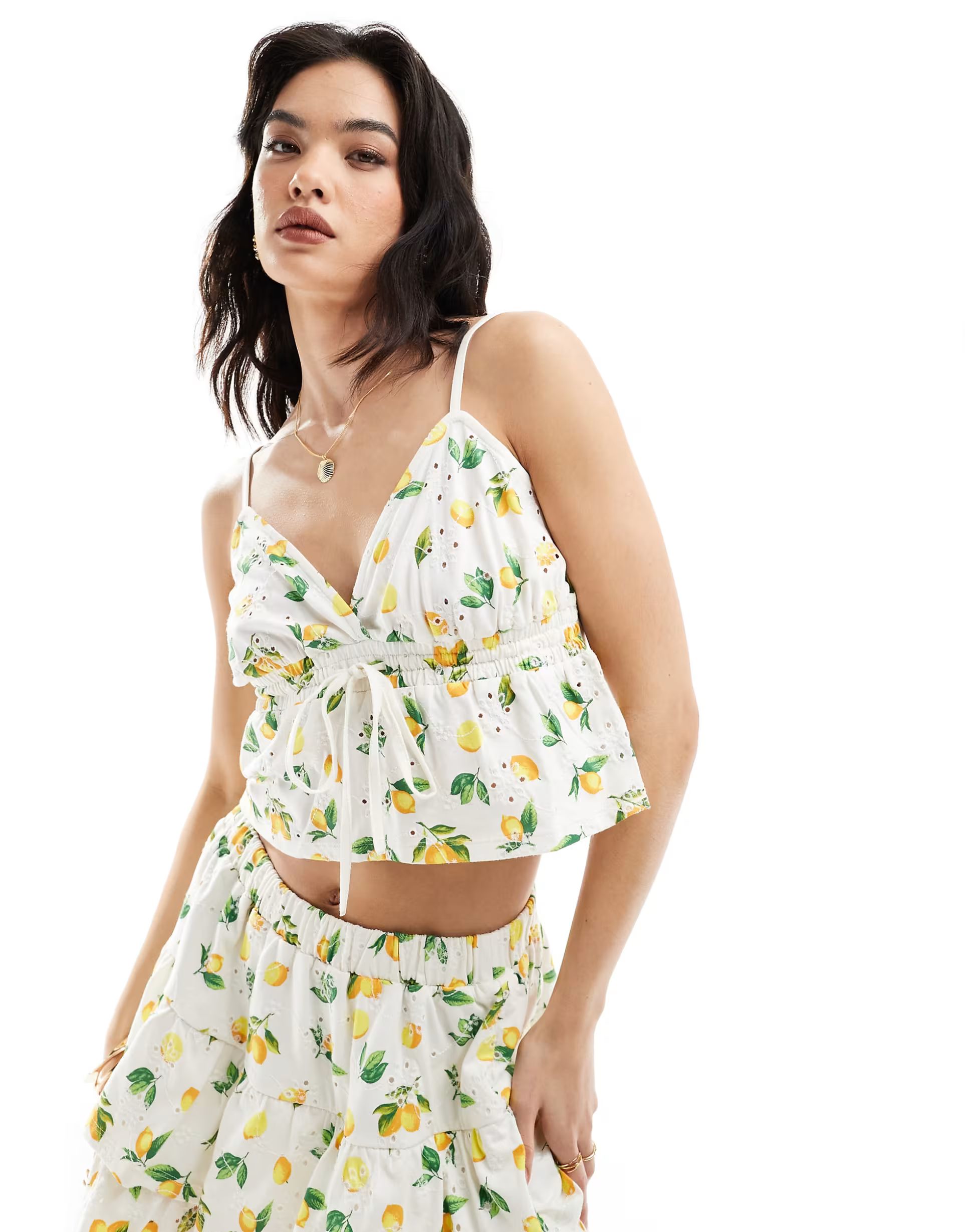 ASOS DESIGN broderie V neck cami top in lemon print | ASOS | ASOS (Global)