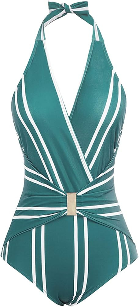 GRACE KARIN Women's Halter Swimwear V Neck Stripe One-Piece Swimsuit Monokini | Amazon (US)