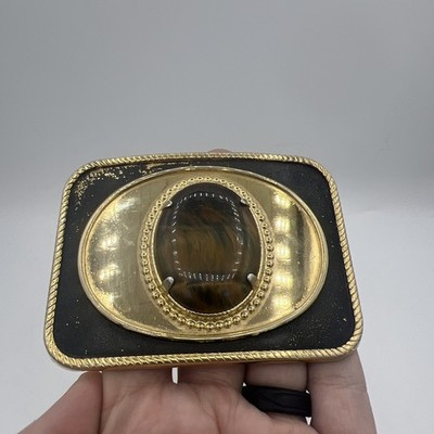 Vintage Western Belt Buckle Gold And Black With Brown Stripped Stone | eBay | eBay US