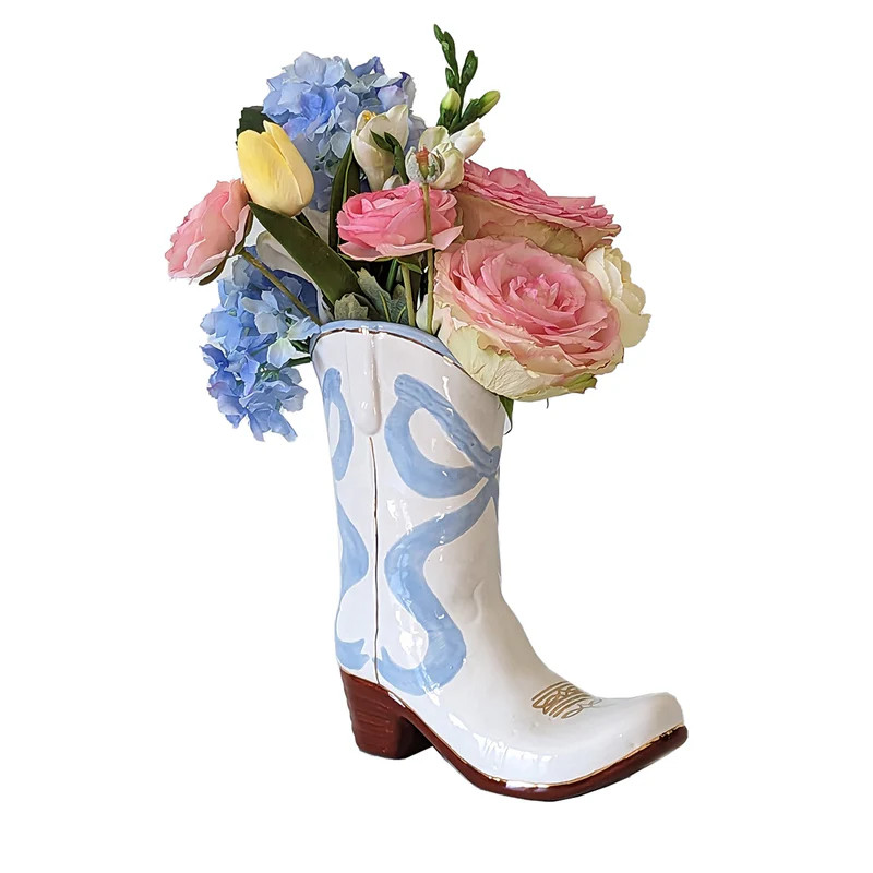 Lo Home x Petite Paloma Cowgirl Boot Vase- Claire Bow in Blue | Ruby Clay Company