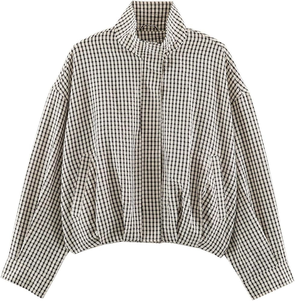 BAIMORE Plaid Zipper Lightweight Cropped Bomber Jacket Outerwear for Women | Amazon (US)