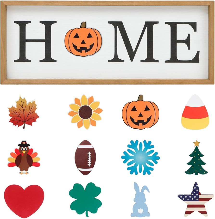 Halloween Decor Home Tabletop Sign with 12 Pcs Interchangeable Seasonal Icons-Wooden HOME Sign fo... | Amazon (US)