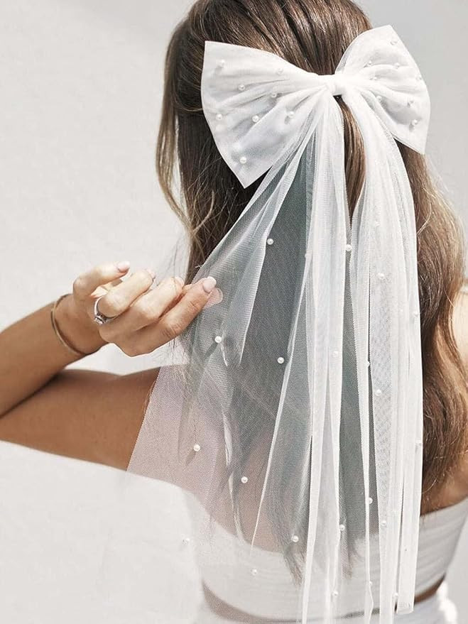 JONKY Wedding Bow-Knot Veil White Pearl Hair Clip Tulle Bridal Short Veils Bachelorette Party Hai... | Amazon (US)