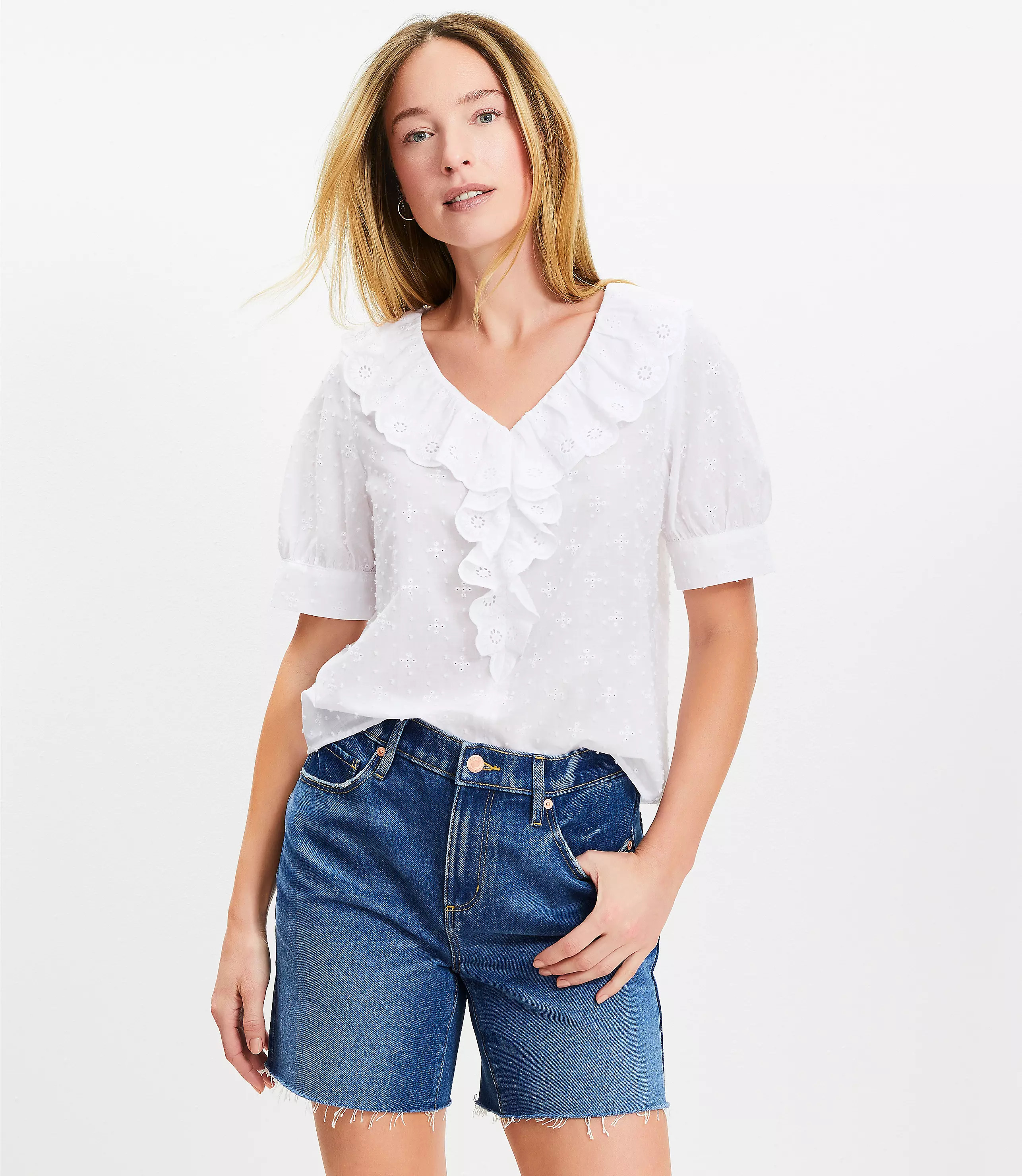 Clip Eyelet Ruffle Puff Sleeve Blouse | LOFT