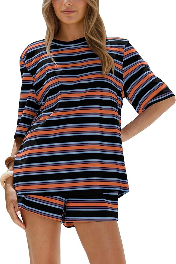 Amazon.com: Burtell Summer Striped 2 Piece Short Sets For Women Casual Oversized T Shirts Wide Le... | Amazon (US)