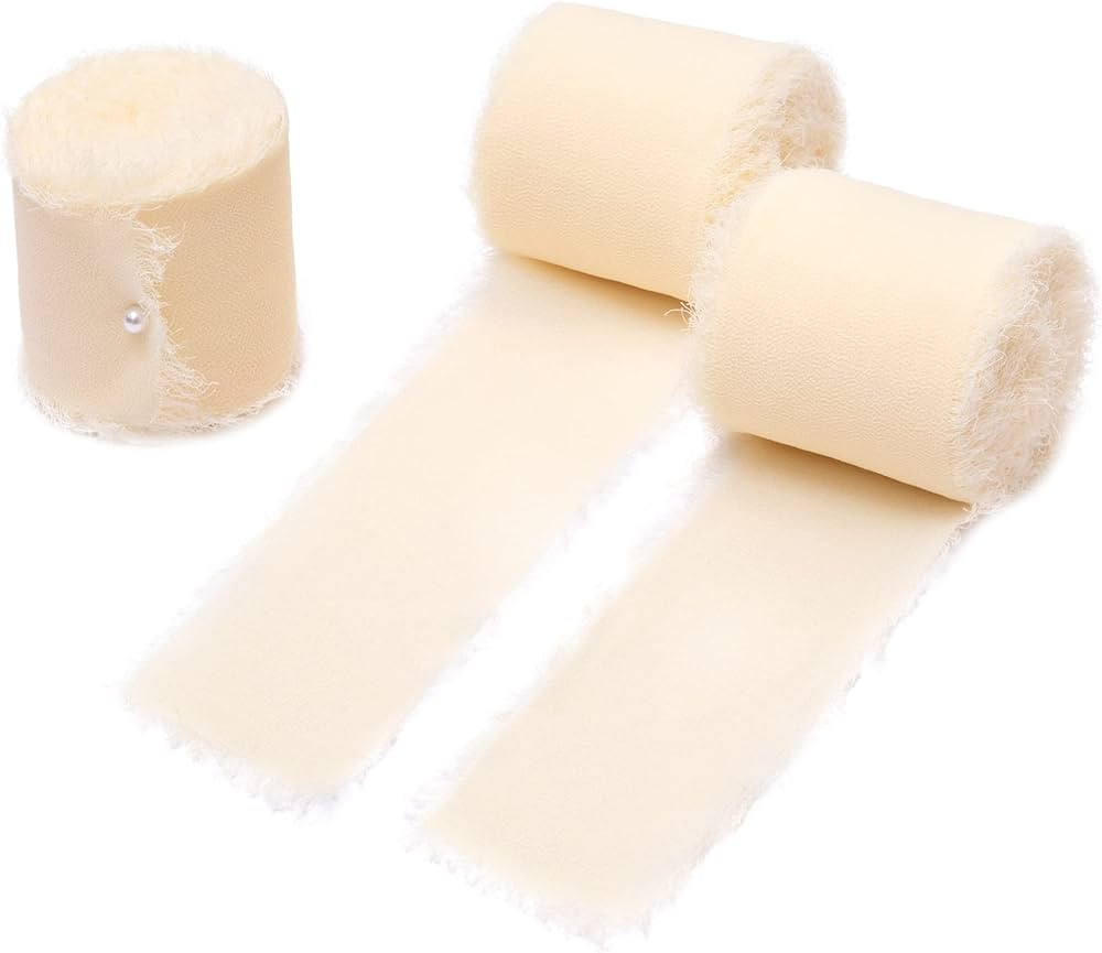 DORIS HOME 3 Rolls 2"x7Yd Fringe Chiffon Ribbon for Flower Bouquet, Handmade Cream Ribbon for Gif... | Amazon (US)