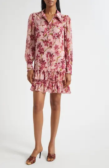 Cinq à Sept Lupetto Trailing Hibiscus Long Sleeve Mini Shirtdress in Blushed Petal/multi at Nordstrom Rack, Size 2 | Nordstrom Rack