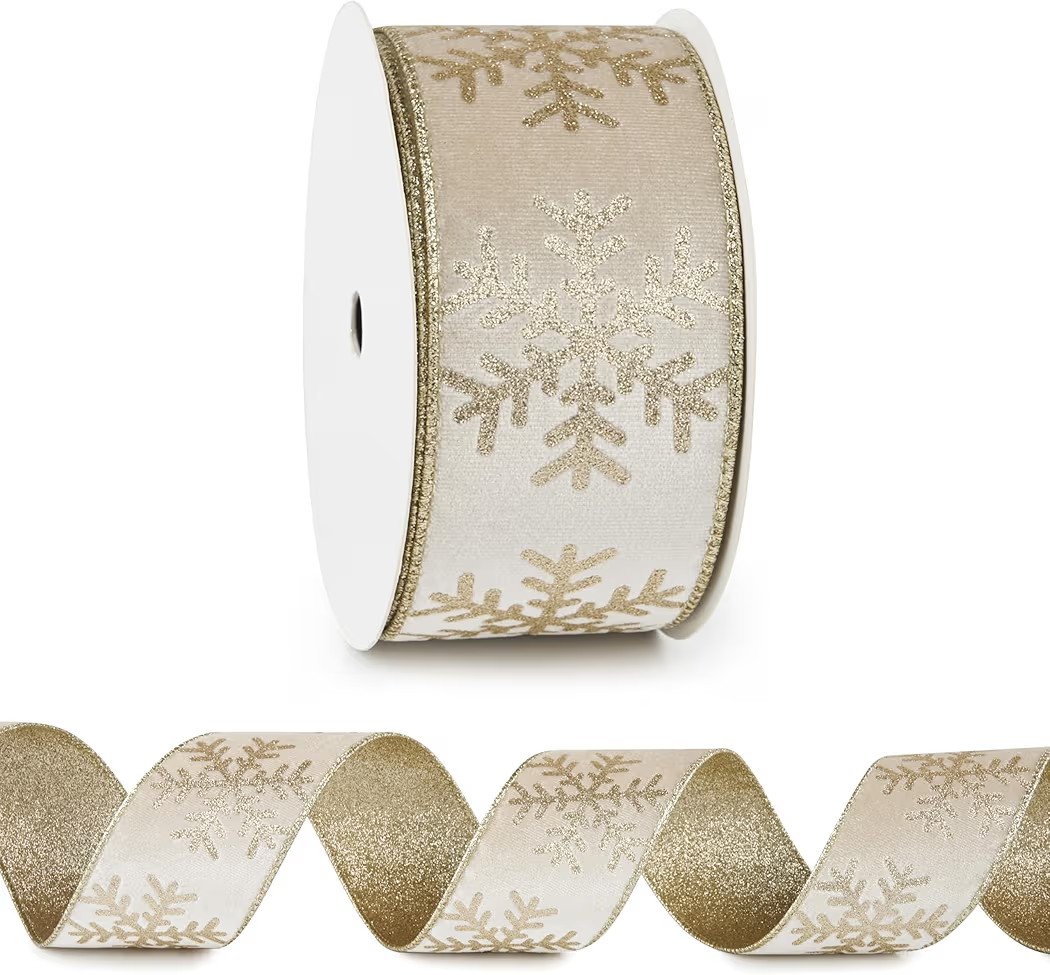 Snowflake Velvet Ribbon 2.5" x10 Yards Champagne Gold Velvet Ribbon for Tree Decoration, Reversib... | Amazon (US)