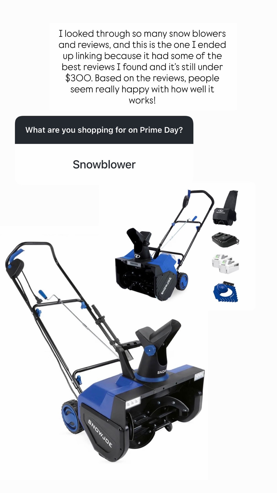 I looked through so many snow blowers and reviews, and this is the one I ended up linking because it had some of the best reviews I found and it’s still under $300. Based on the reviews, people seem really happy with how well it works! 👏🏼