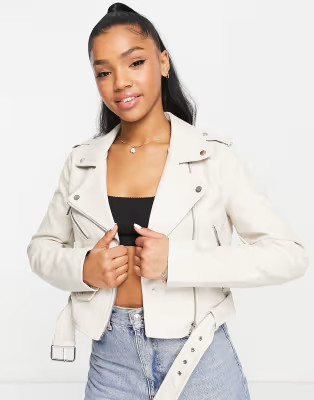 Stradivarius faux leather biker jacket in ecru | ASOS (Global)