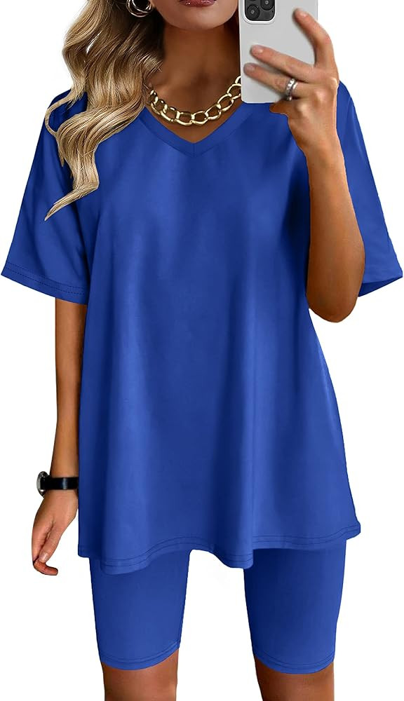 AGSEEM Two Piece Outfits For Women Summer V Neck T-Shirt Tops Biker Shorts Workout Sports Tracksu... | Amazon (US)