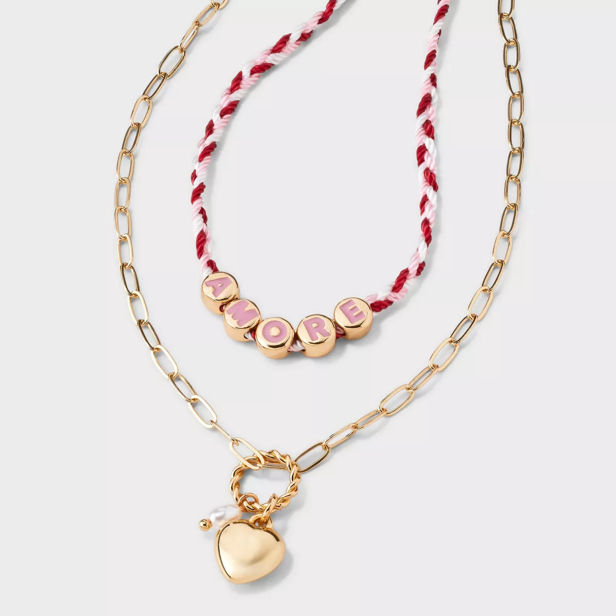 Amore and Heart Charm Pendant Necklace Set 2pc - Universal Thread™ Gold/White/Red | Target
