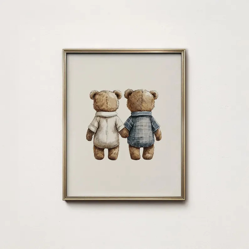 Teddy Bear Print: Twin Nursery Artwork, Farmhouse Wall Art (Digital Download) | Etsy (Global)