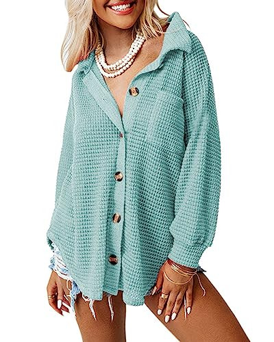 Dokotoo Womens Vintage Solid Color Button Down Shirts Long Sleeve Button Up Pocket Blouses Ladies Loose Fit Waffle Knit Shacket Dressy Boyfriend Tops Sky Blue Large | Amazon (US)