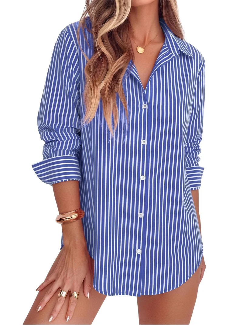 Fantaslook Striped Button Down Shirts for Women Classic Long Sleeve Collared Office Work Blouses ... | Walmart (US)