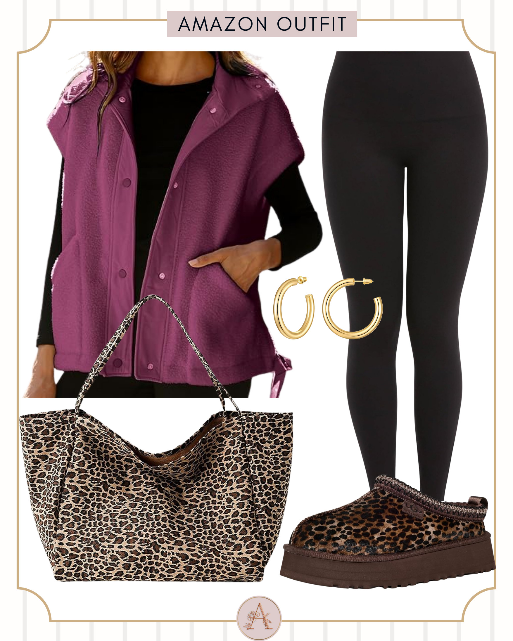 Amazon athleisure outfit with a purple fleece vest, black leggings, leopard tote bag, gold hoop earrings, and leopard platform UGG slippers — cozy, comfortable, and perfect for everyday wear. 

 #LTKootd #LTKFindsUnder100
