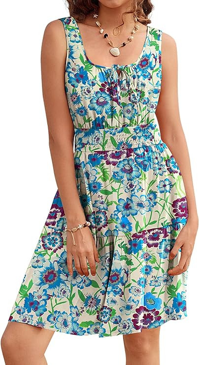 Kate Kasin Women Summer Floral Mini Dress 2026,Sleeveless Casual Elastic Waist Sundress,Flowy Tan... | Amazon (US)