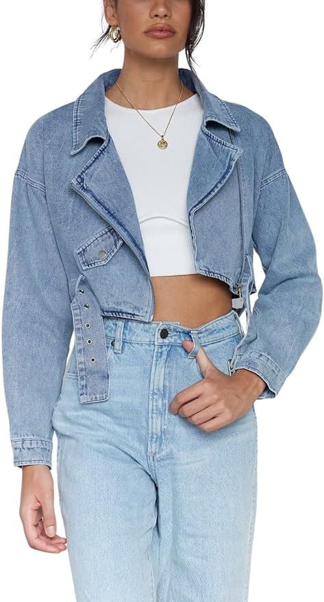 chouyatou Women's Boyfriend Jean Shakcet Jacket Zipper Belted Moto Denim Blazer Jacket | Amazon (US)