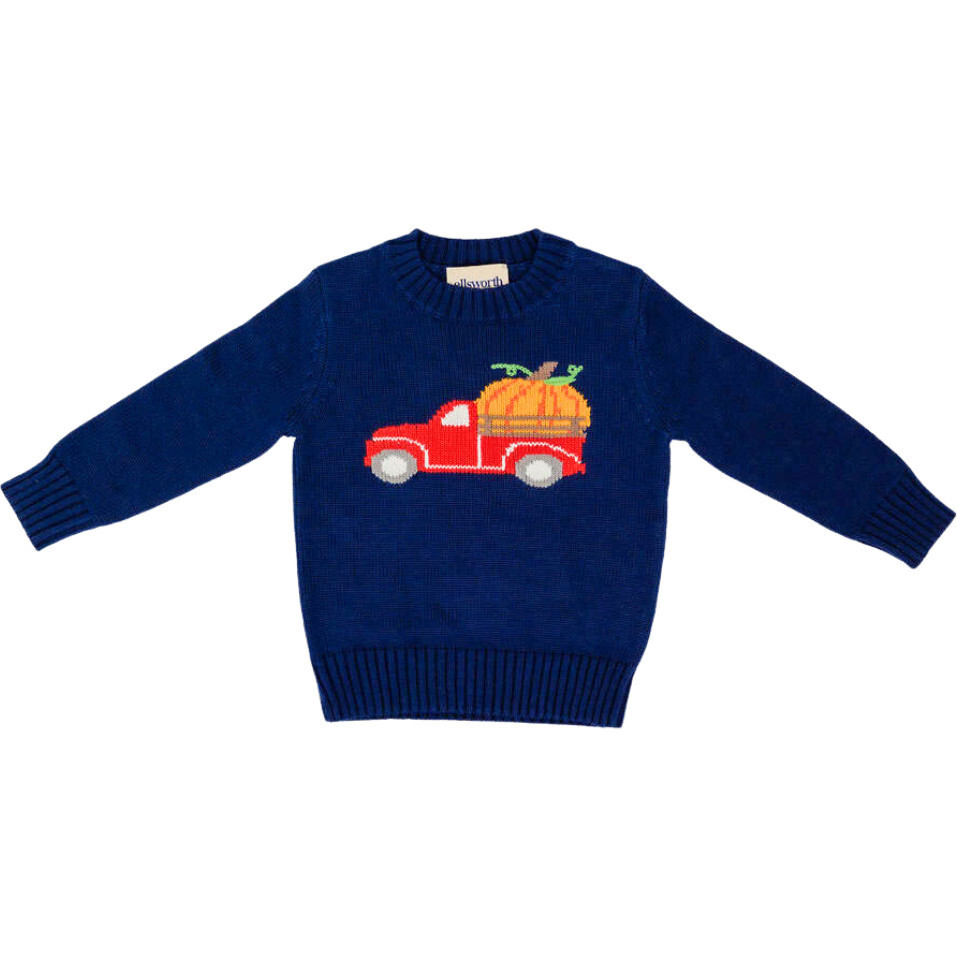 Truck with Pumpkin Crewneck Sweater, Navy | Maisonette