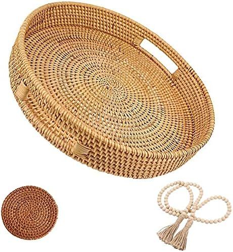 Amazon.com: Decorative Coffee Table Tray | Farmhouse Boho Decor | Round Rattan Tray Basket | Wick... | Amazon (US)