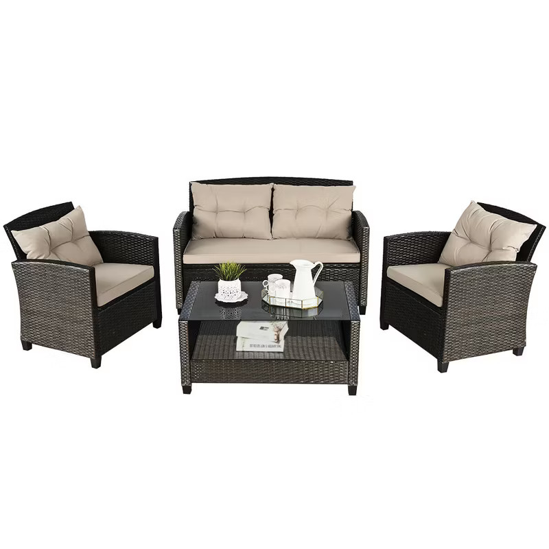 Costway 4PCS Outdoor Rattan Furniture Set Cushioned Sofa Armrest Chair Lower Shelf Brown | Target