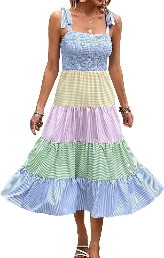 MakeMeChic Women's Summer Beach Boho Dress Casual Floral Spaghetti Strap Square Neck Long Maxi Su... | Amazon (US)