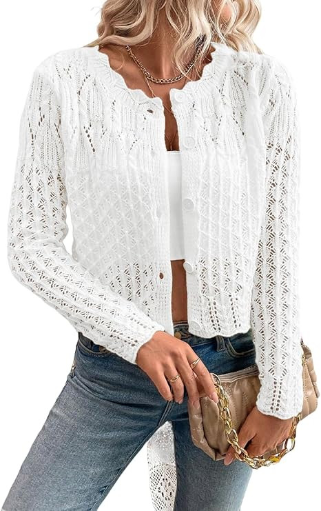 GORGLITTER Women's Button Up Crochet Lightweight Long Sleeve Cardigan Sweaters Hollow Out Knit To... | Amazon (US)