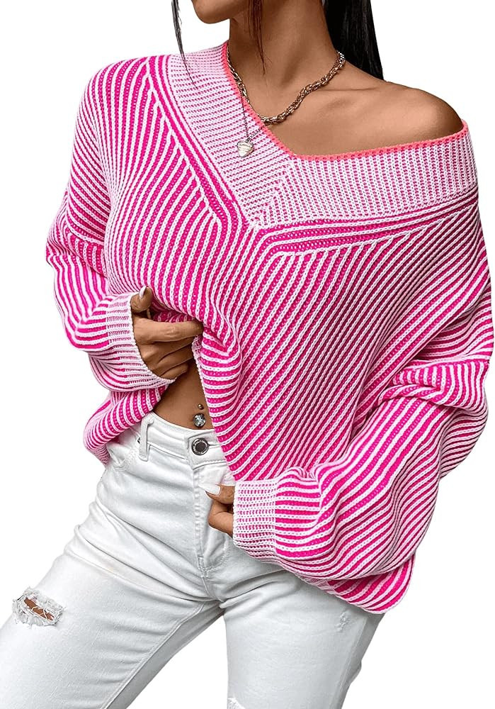 SweatyRocks Women's Striped V Neck Long Sleeve Sweater Drop Shoulder Loose Fit Pullover Knitwear ... | Amazon (US)