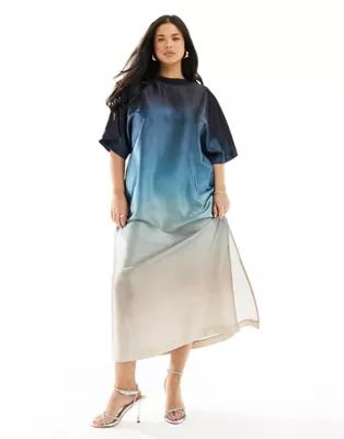 ASOS DESIGN Curve satin oversized midi tshirt dress in blue ombre | ASOS | ASOS (Global)