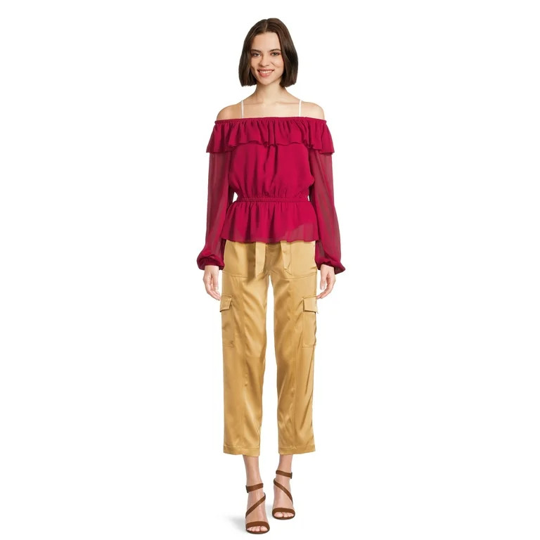 Sofia Jeans Women's Tapered High Rise Satin Cargo Pants, 27" Inseam, Sizes 0-18 | Walmart (US)