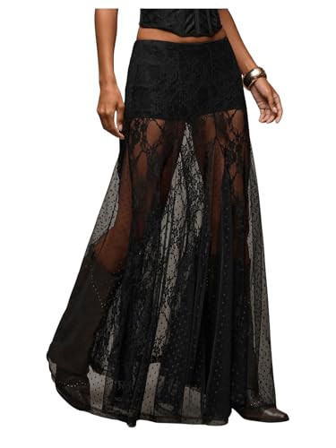 MakeMeChic Women's Lace Sheer Maxi Skirts Floral Polka Dots A Line Ruffle Boho Goth Long Skirts | Amazon (US)