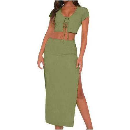 Womens Spring Outfits Women Sets 2 Piece Outfits Clothing Set Female V-Neck Sleeveless Tops Skirt Suit Cargo Pant Style S_122 Women s Tracksuits Green L | Walmart (US)
