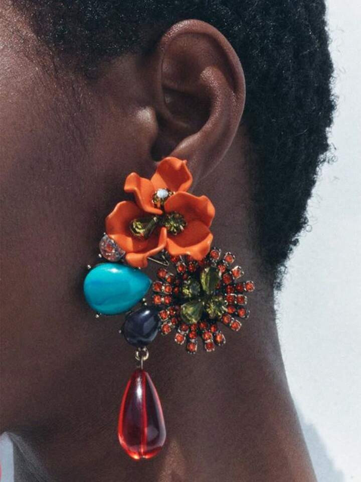 1 Pair Vintage Floral Crystal-Embellished Teardrop Dangle Earrings, Party Gift For Women | SHEIN
