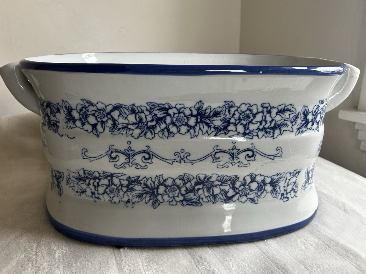 Vintage Italian Blue and White Painted Porcelain Foot Bath Bowl Planter | eBay US